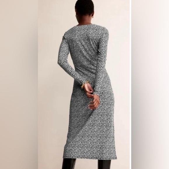 Boden Empire Knot Midi Jersey Dress Stretch Black Lily Sprig Long Sleeve 12P - Picture 6 of 8